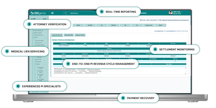Billgenix personal injury patient profile dashboard